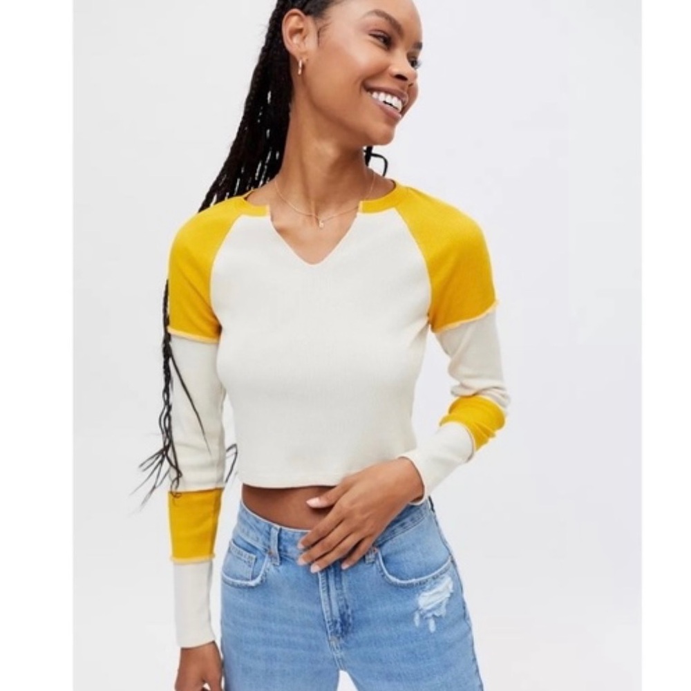 Urban Outfitters Cream and Yellow Long Sleeve Crop Tee